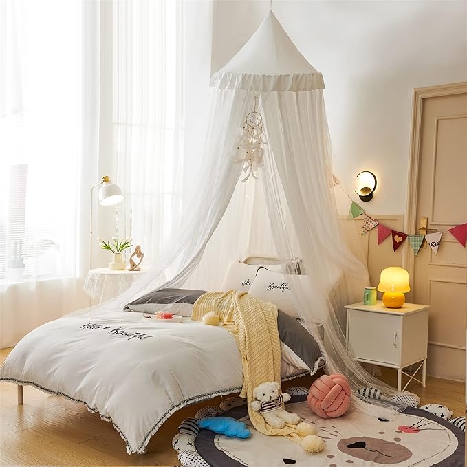 VETHIN Bed Canopy for with Lights,Double Layer Princess Round Dome Dreamy Mosquito Net Bedding Girls Room Castle Play Tent Hanging House Decor Reading Nook Canopies(White/White)