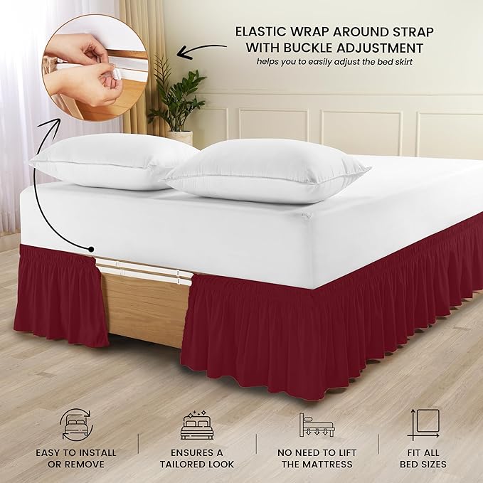 Utopia Bedding King Elastic Bed Ruffle - Easy Wrap Around Ruffle - Microfiber Bed Skirt with Adjustable Elastic Belt 16 Inch Tailored Drop - Hotel Quality Bedskirt, Fade Resistant (King, Burgundy)
