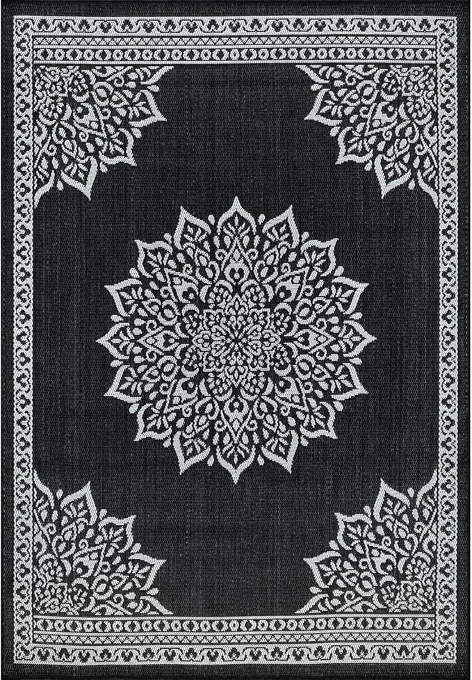 CAMILSON Outdoor Rug, 8x10 Medallion Black White Modern Area Rugs for Indoor and Outdoor Patios, Kitchen and Hallway Mats, Washable Porch Deck Outside Carpet (Medallion Black, 8 x 10)