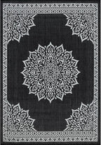 CAMILSON Outdoor Rug, 9x12 Medallion Black White Modern Area Rugs for Large Indoor and Outdoor Patios, Kitchen and Hallway Mats, Washable Porch Deck Outside Carpet (Medallion Black, 9 x 12)
