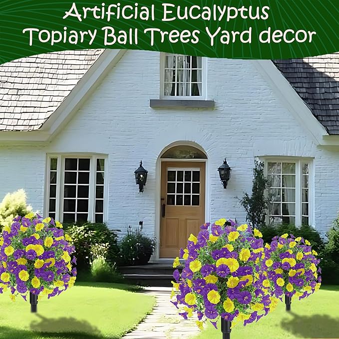 22.8" Set of 2 Fall artificial Boxwood topiary Ball tree for outdoors with Spike,UV Resistant Faux Shrubs Outdoor with morning glory flowers,Faux Plants Bushes for Garden Porch Yard Patio Decor YP