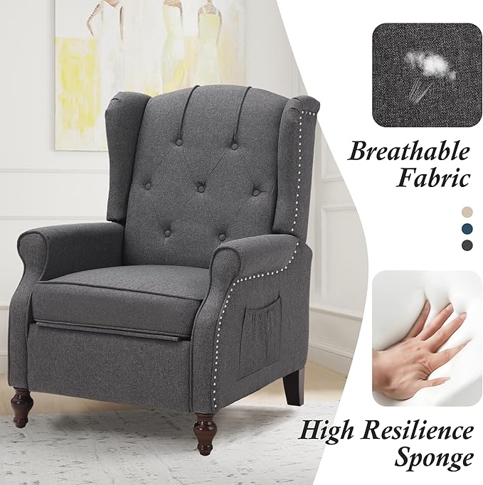 Wingback Recliner Chair with Massage and Heat, Tufted Fabric Push Back Recliner Chair for Living Room, Vintage Wingback Chair with Remote Control, Padded Cushion, Backrest, Wooden Legs