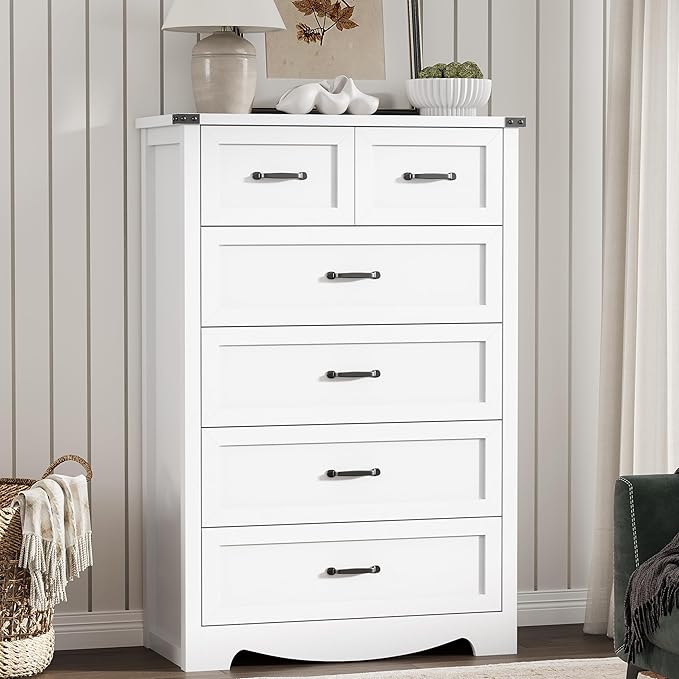 Dresser for Bedroom with 6 Drawers, 46" Tall Wood Chest of Drawers with Deep Drawers & Mental Handle, Modern Dresser TV Stand, Wooden Closet Storage Organizer for Living Room, Hallway, Entryway, White