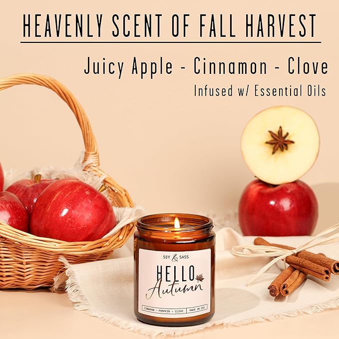 Fall Candles - ‘Hello Autumn’ Soy Fall Candle w/Apple, Cinnamon & Nutmeg I Infused with Essential Oils I Autumn Scented Candles I Cozy Décor Gifts I 9oz Jar I 50Hr Burn I Made in USA