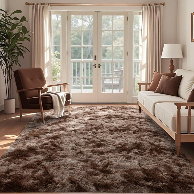 9x12 Ft Extra Large Shag Brown Area Rug for Living Room, Tie-Dyed Ultra Soft Fluffy Furry Rugs for Bedroom Indoor Floor, Aesthetic Carpet for Kids Home Decor (Coffee)