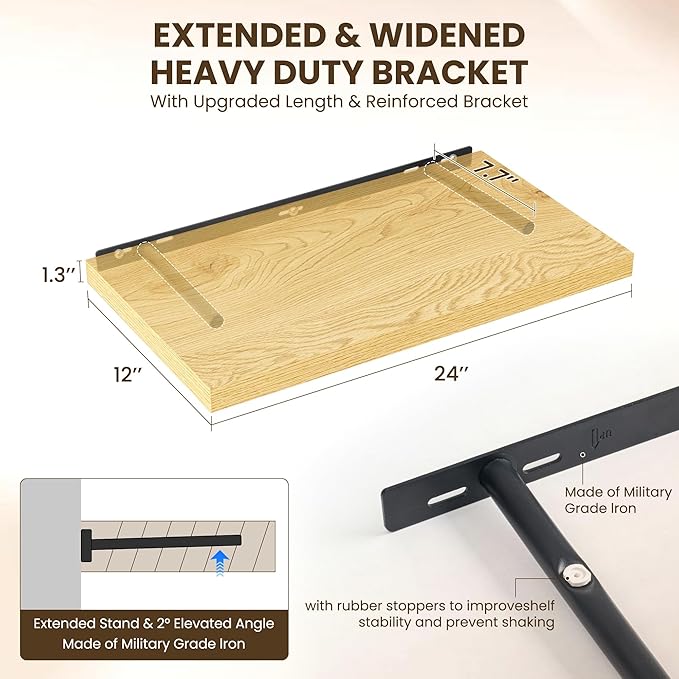 24" Floating Shelves for Wall, 12" Deep Slim Oak Floating Shelves, Wall-Mounted Shelves for Bedroom, Living Room, Kitchen, Bathroom - Set of 2