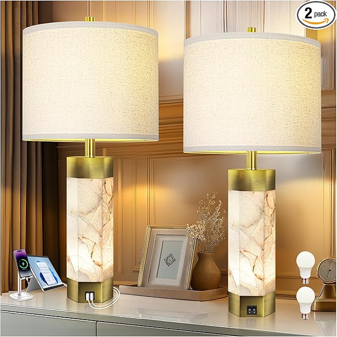 Natural Alabaster Table Lamps Set of 2,Table Lamp with Night Light for Living Room,Nightstand Lamp with USB Ports,Bedside Lamp with Linen Fabric Shade for Bedroom,Living Room,Office,Bar(Bulb Included)