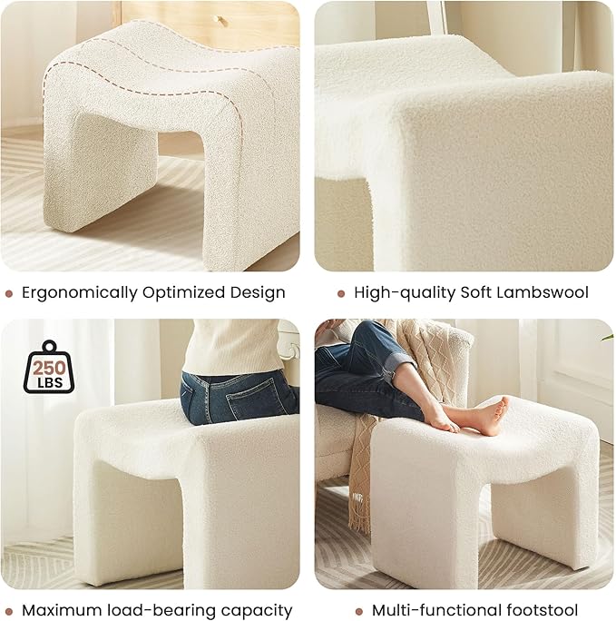 Small Footstool Ottoman Vanity Stool Chair Seating Backless Modern Foot Rest Teddy Velvet Ottoman for Makeup Room Living Room Bedroom Entryway,White (Single 1)