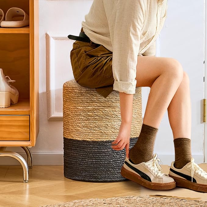 Wimarsbon Natural Seagrass Foot Stool, Hand Weaving Round Ottoman, for Living Room, Outdoor Seat (Natural & Black)