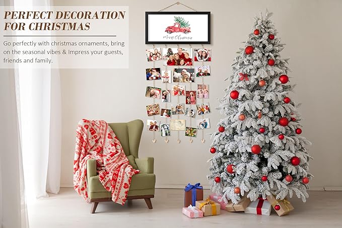 Christmas Card Holder Display Collage Picture Frames For Wall Interchangeable Holiday Decor Clips Photo Holders Merry Christmas Hanging Sign Wooden Photo Holder for Gift Card Holder Christmas Decor