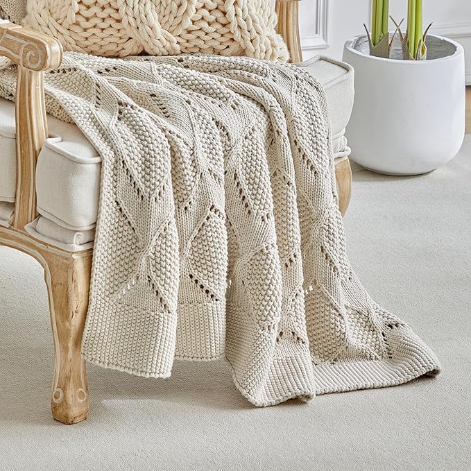 Longhui bedding Chunky Cotton Knit Throw Blanket for Couch, Sofa, Bed, or Chair, Decorative Breathable Fall Cable Knit Blanket 51 x 63 Inches, Beige