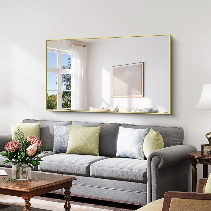 YIROMAN Bathroom Mirror 60"x36", Large Brushed Gold Bathroom Mirror for Over Sink with Aluminum Frame, Rectangular Vanity Mirror with Right Angle, Wall Mirror Hangs Horizontal or Vertical