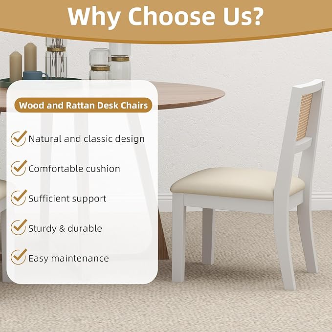 Westice Rattan Dining Chairs Set of 2, Farmhouse Natural Dining Room Chairs with Upholstered Cushion, Wood Armless Chairs for Kitchen/Restaurant, White