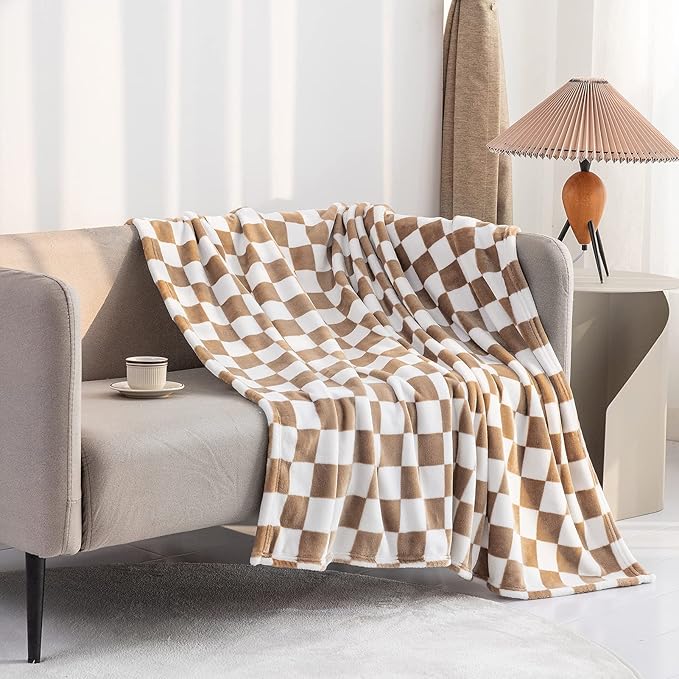 LOMAO Throw Blankets Flannel Blanket with Checkerboard Grid Pattern Soft Throw Blanket for Couch, Bed, Sofa Luxurious Warm and Cozy for All Seasons (Khaki, 60"x80")