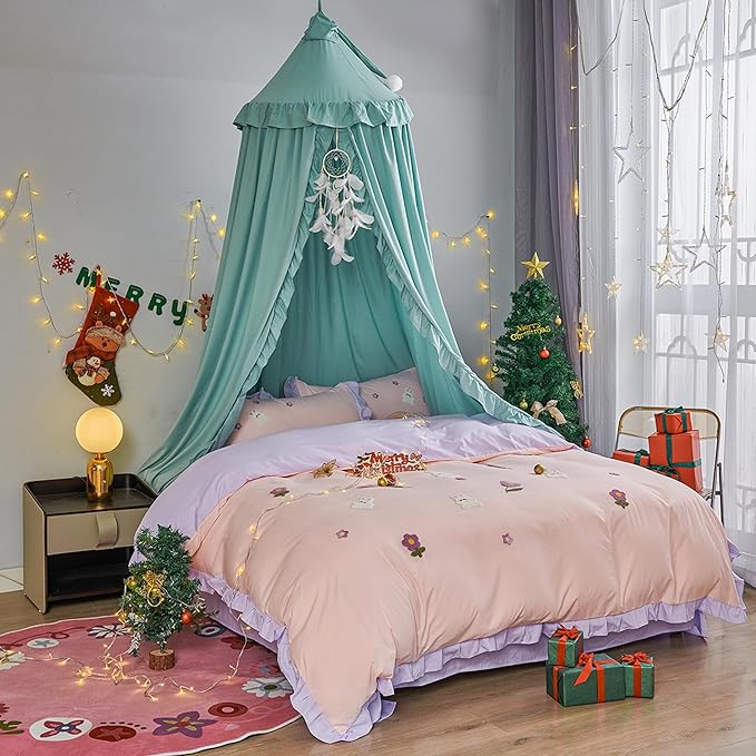 VETHIN Bed Canopy for Girls,Princess Round Dome Dreamy Mosquito Net Bedding Girls Room Castle Play Tent Hanging House Decor Reading Nook Canopies (Green)