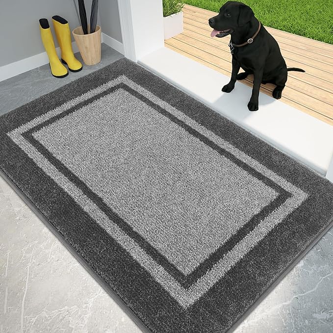 PURRUGS Dirt Trapping Door Mat 32" x 48", Non-Slip/Skid Machine Washable Entryway Rug, Shoes Scraper, Area Rug, Super Absorbent Welcome Mat for Muddy Wet Shoes and Paws, Light Grey & Dark Grey