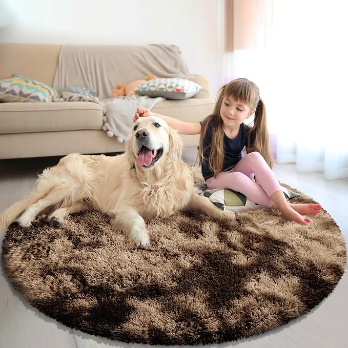 Fluffy Round Rug,Soft Area Rugs for Girls Room,Shaggy Rugs 5'X5' for Living Room,Non Slip Circle Rug for Kids Bedroom,Shag Plush Nursery Carpets,Fuzzy Rug for Dorm,Room Decor Carpet,Tie-Dyed Coffee