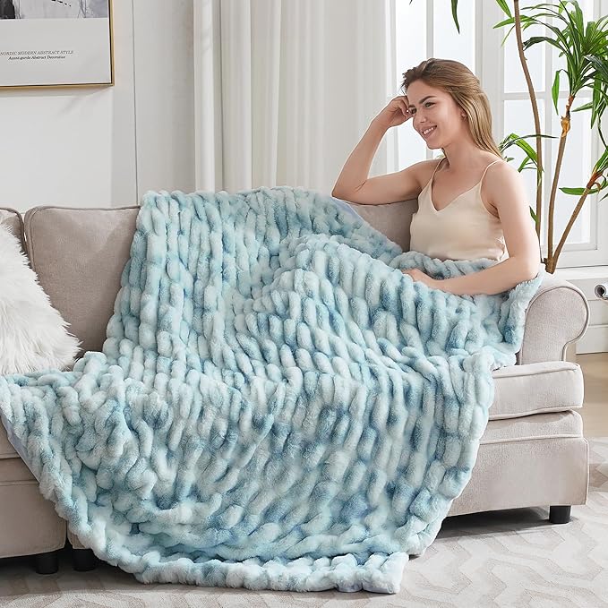 Ultra Soft Luxury Faux Fur Twin Blanket for Counch,Fuzzy Fluffy Plush Warm Cozy Elegant Wrinkled Blanket for Sofa Bedroom Living Room,（60"x80",Tie-dye Freshwater Blue）