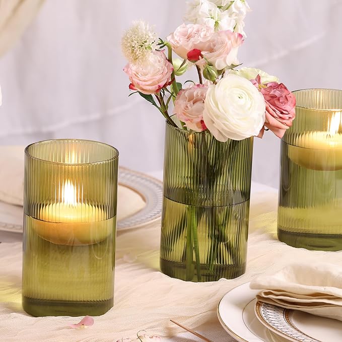 Glass Cylinder Bud vases for Centerpieces, 6 Inches Clear Ribbed Glass Vases Bulk for Wedding Table Decor, Loral Vase Bulk Flower vases, Tall Hurricane Candle Holder for Table Shelf, Party (Green)