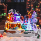 VCUTEKA Christmas Village Houses, Rotating Train with Crystal Tree and Peoples Lighted Musical Christmas Village Collectible Building for Xmas Indoor Decorations or Holiday Table Displays