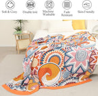 Snycler Boho Throw Blanket for Bed - 100% Cotton Ultra Soft Rustic Quilt Fall Blanket - Orange Floral Printed Farmhouse Decor Bed Blankets, 80"×90" All Season Rustic Throw for Sofa Couch Chair