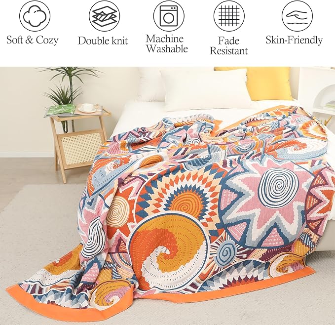 Snycler Boho Throw Blanket for Bed - 100% Cotton Ultra Soft Rustic Quilt Fall Blanket - Orange Floral Printed Farmhouse Decor Bed Blankets, 80"×90" All Season Rustic Throw for Sofa Couch Chair