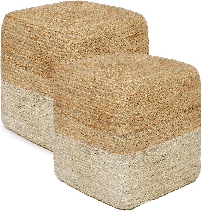 REDEARTH · Cube Pouf Ottoman - Braided Pouffe Accent Sitting Square Footrest for Living Room, Bedroom, Nursery, kidsroom, Patio, Gym; 100% Jute Set of 2 (14.5"x14.5"x16"; Natural Ivory)