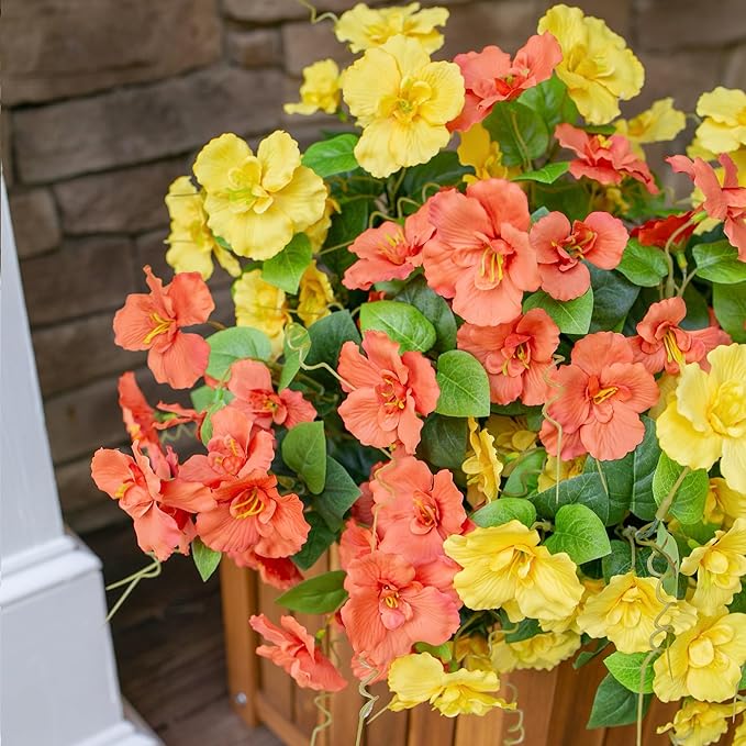 Fall Flowers Fake Flowers Mums for Outdoors Autumn Decoration, 6 Bundles Artificial Flowers Faux Silk Plants Realistic UV Resistant for Outside Planter Patio (Yellow Orange)