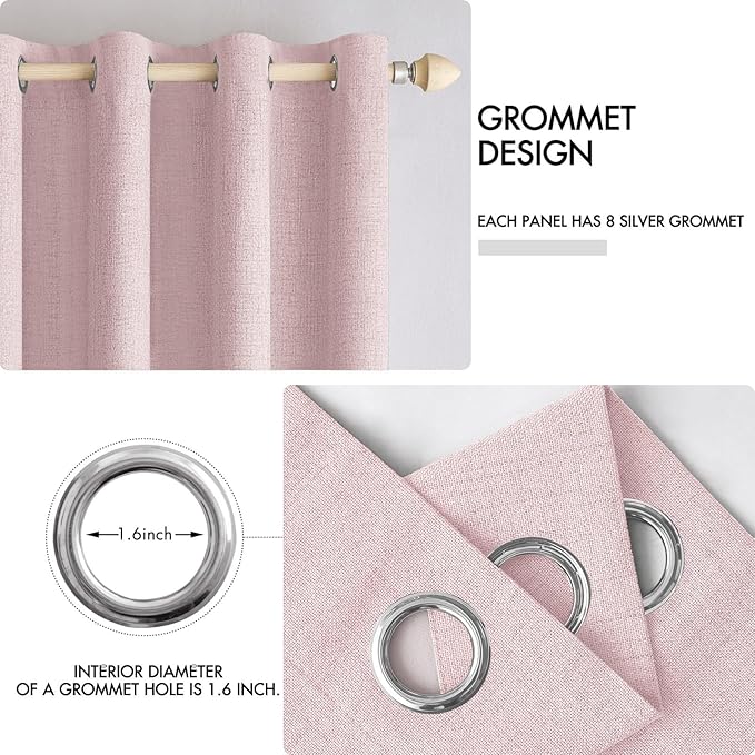 MIULEE Linen Texture Curtains for Bedroom Solid 100% Blackout Thermal Insulated Pink Curtains Grommet Room Darkening Curtains/Draperies for Living Room Nursery 52x84 Inch (2 Panels)