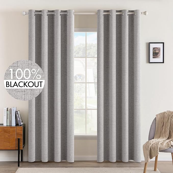 MIULEE Linen Texture Curtains for Bedroom Solid 100% Blackout Thermal Insulated Greyish White Curtains Grommet Room Darkening Drapes for Living Room Nursery 52x84 Inch (2 Panels)