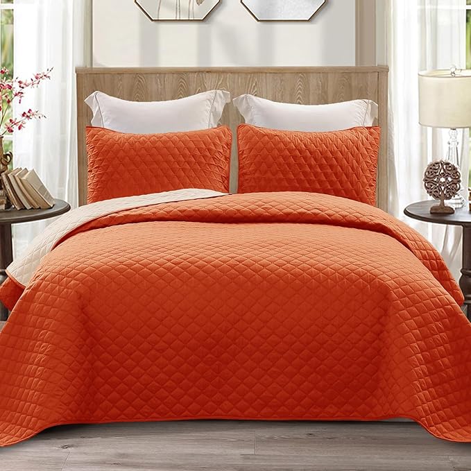 Exclusivo Mezcla Reversible King Size Quilt Bedding Set with Pillow Shams, Lightweight Quilts King Size, Soft Bedspreads Bed Coverlets for All Seasons - (Burnt Orange, 104"x96")