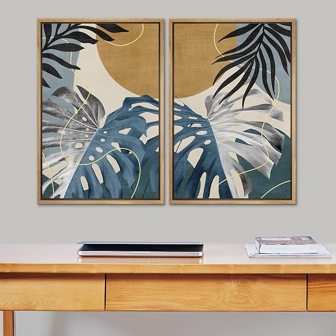 SIGNFORD Framed Canvas Print Wall Art Set Jungle Tropical Monstera Palm Leaf Abstract Shapes Illustration Modern Art Decorative Nordic Nature for Living Room, Bedroom, Office - 24"x36"x2 Natural