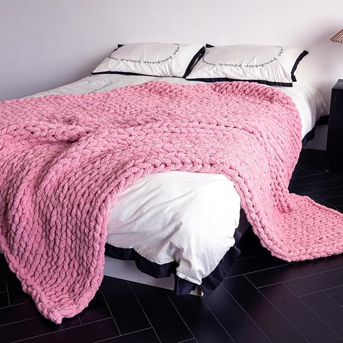 Chunky Knit Blanket - Luxury Soft Cozy 50 * 60 Throw Blanket,100% Woven Blanket Rope Knot Throw Blanket for Couch, Sofa, Home Decor, Gift - Machine Washable（Pink）