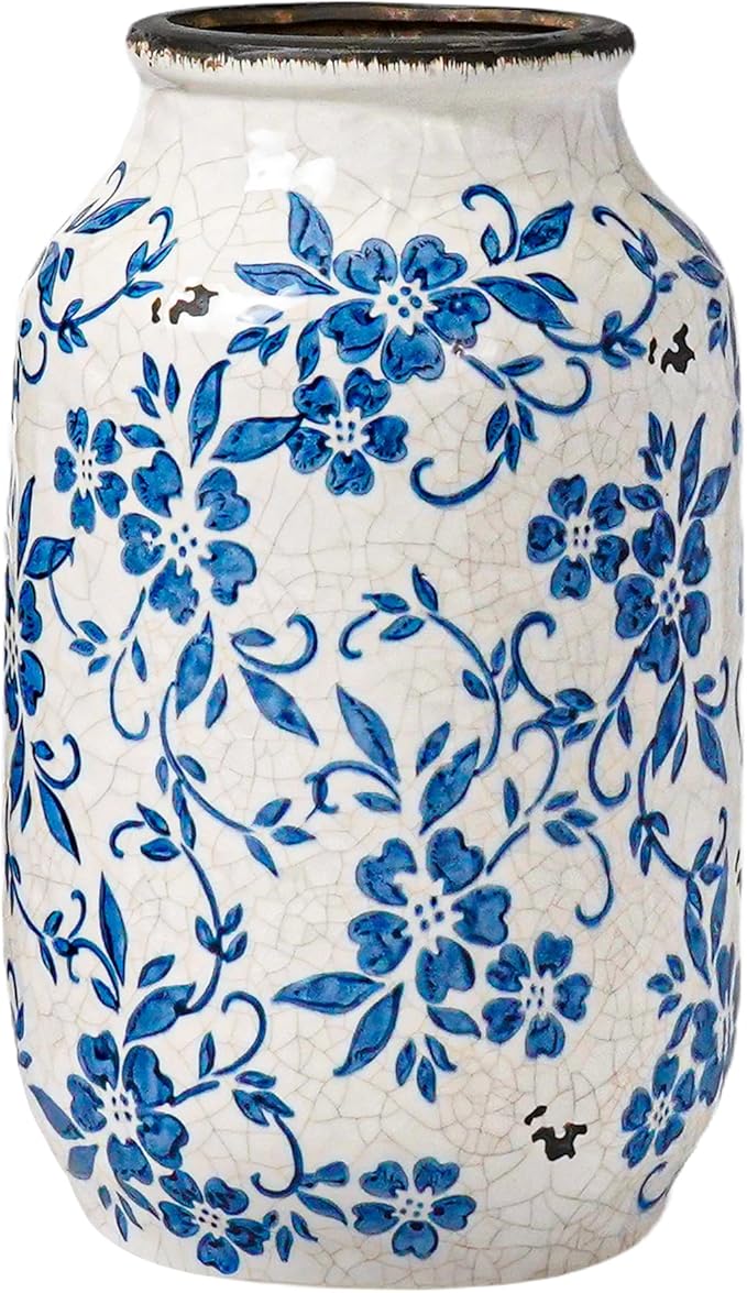 Blue and White Ceramic Vase for Flowers,9 inch Rustic Vintage Chinoiserie Vases Home Decor, Farmhouse Decor, Shelf, Living Room, Bedroom, Table Decoration