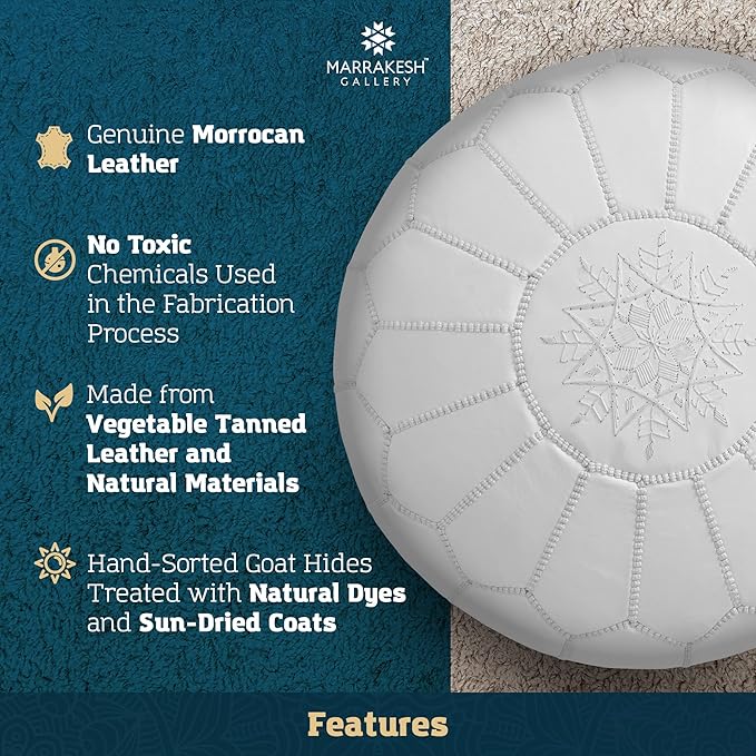 Marrakesh Gallery Genuine Leather Round Pouf Unstuffed - Moroccan Ottoman Footstool, Footrest Cover - Boho Decor - Bohemian Living Room, Bedroom, Kids Room, Gift & Wedding
