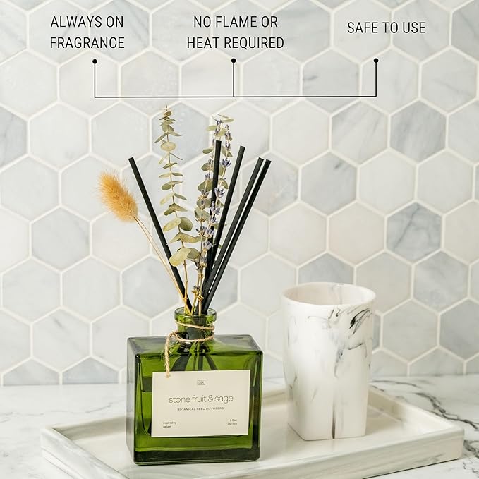 Craft & Kin Reed Diffuser with Dried Flowers | 5 oz Stone Fruit & Sage Scented Fall Reed Diffusers for Home, Bathroom | Scent Sticks | Elegant Fragrance Home Decor for Men & Women