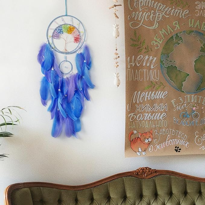 7 Chakras Dream Catchers Tree of Life Dream Catcher Blue Purple Feather Dreamcatcher Wall Decor with Rainbow Healing Crystal Stone Wall Art Hanging for Bedroom Home Decor Bless Gift Wedding Party