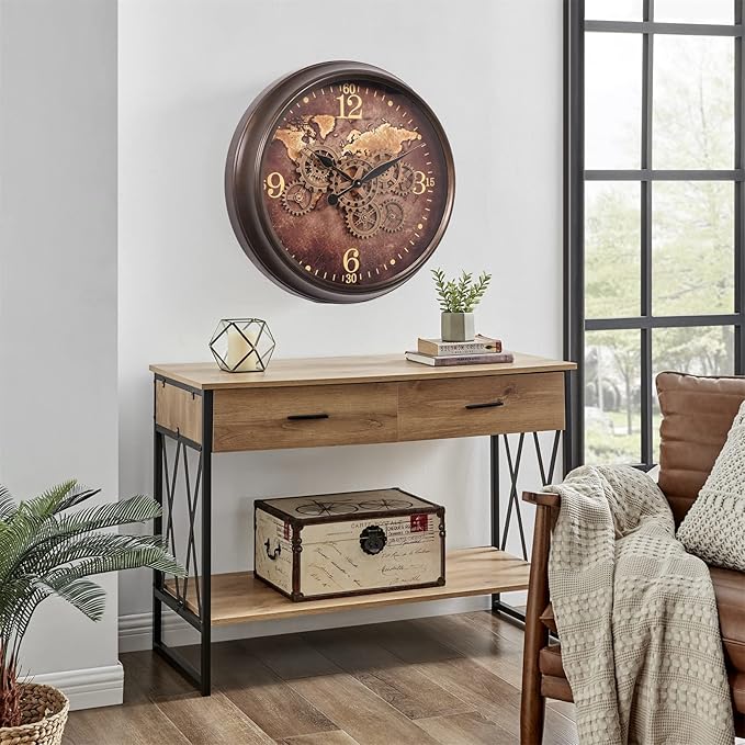 CLXEAST 24 Inch Large Wall Clock with Moving Gears, Industrial Clocks with World Map Dial, Oversized Cool Wall Clock for Living Room Decor,Oil Rubbed Bronze Brown