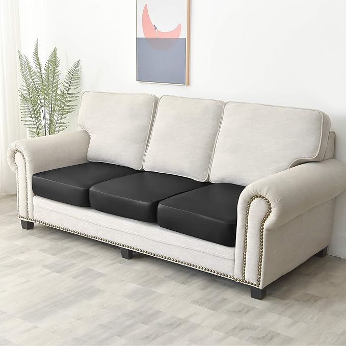 Yates Home PU Leather Couch Sofa Cushion Slipcover Water-Proof Elastic Chair RV Seat Covers Loveseat Slip Cover for Settee Seater Replacement in Living Room（3 Piece Large Sofa Cushion Covers, Black