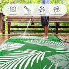 Waterproof Outdoor Rug 8x10ft, Green Leaf Reversible Plastic Straw Mat for Patio RV Deck Porch Backyard Balcony Camping Picnic Beach Indoor Outdoor Carpet, Green&White
