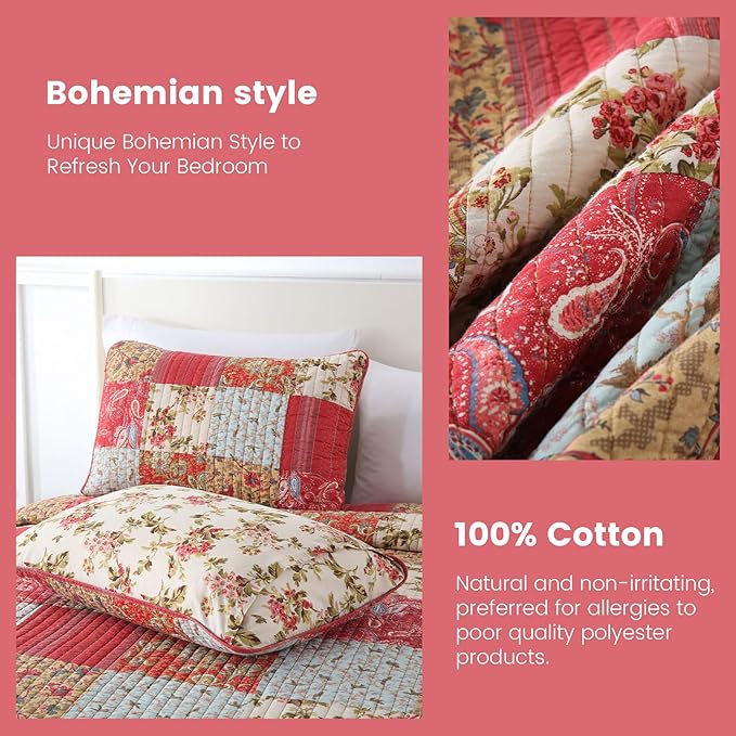 Secgo Queen Size Comforter Set- 100% Cotton Quilt Queen Size Set, Green, Sage bedspreads (90 * 96 Inch) with 2 Pillow Shams, Patchwork Reversible Lightweight Bedding