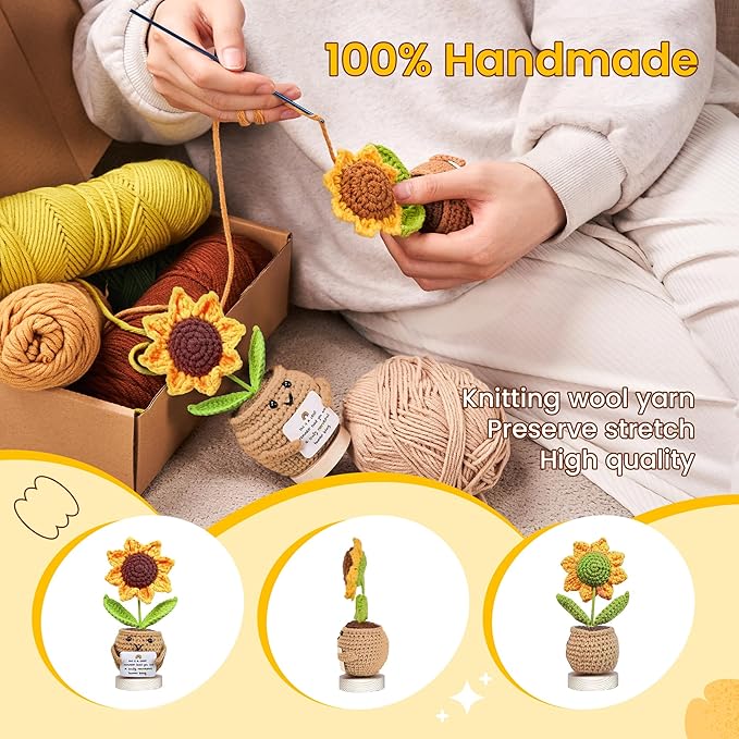 Gossby Positive Sunflower Doll Crochet with Card - This is A Little Reminder - Appreciation Gift for Coworker, Best Friend, Teacher, Sister, Mom - Christmas, Birthday, Thank You Gift for Women, Men