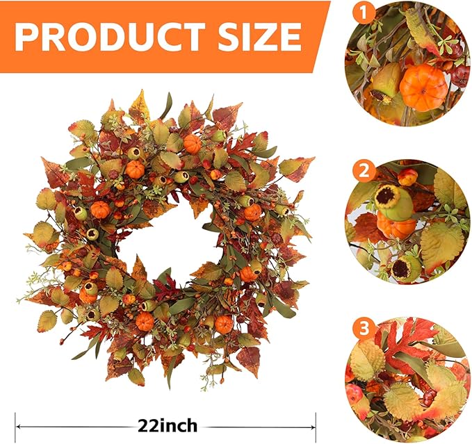 22 inch Artificial Fall Wreaths for Front Door,Autumn Wreath with Pumpkin and Maple Leaves Suitable for Indoor Outdoor Wall Porch Harvest Festival Thanksgiving Day Farmhouse Holiday Decor.