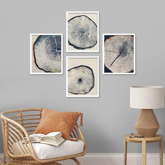 SIGNWIN Framed Blue & White Overexposed Wood Tree Ring Wall Art, Set of 4 Nature Wildernes Wall Decor Prints, Minimalism Wall Décor for Living Room, Bedroom - 12"x16" White
