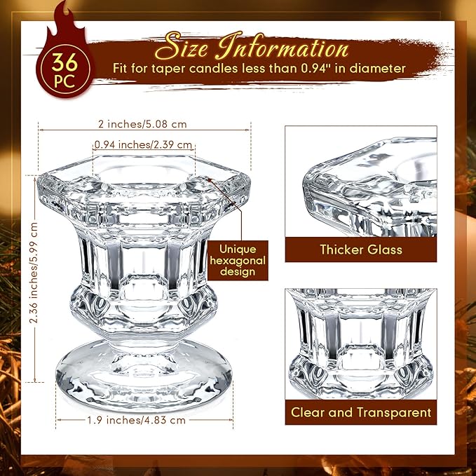 Foaincore 36 Pcs Candlestick Holders Bulk 2.36 Inch Taper Candle Holders Small Glass Candle Holder for Wedding Table Centerpiece Party Decoration (Clear)