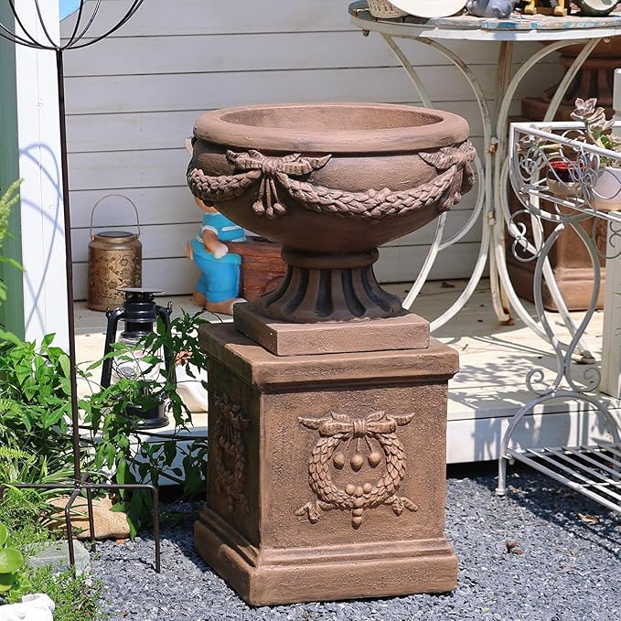 Vintage Garden Urn Planter with Pedestal, Cement and Fiber, Maked Bronze Color, Decorative Leaf Pattern, 30 Inch Height, Wrap Foam Safely Delivered from Local Warehouse (Bronze)
