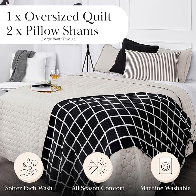 Southshore Fine Living, Inc. Quilted Summer Comforter, King Size Quilt Bedding Set with 2 Pillow Shams, Geometric Circle Design, Lightweight Bedspread, California/King Size Coverlet, Comfy Soft, Bone