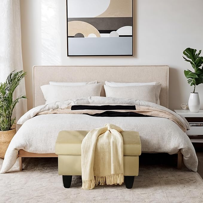 Ottoman Rectangular Storage Ottoman Bench, Flannel Footrest Stool Footstool with Lid for Living Room, Bedroom, Entryway, Light Brown, 28.5"x19"x17.5"