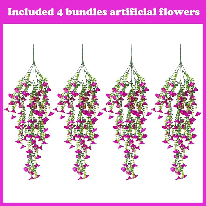 Artificial Hanging Flowers – 4 Pack UV Resistant Fake Morning Glory Vine Faux Plants for Porch, Patio, Balcony, Garden, Indoor & Outdoor Decor (Hot Pink)