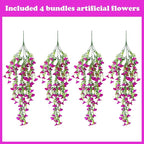 Artificial Hanging Flowers – 4 Pack UV Resistant Fake Morning Glory Vine Faux Plants for Porch, Patio, Balcony, Garden, Indoor & Outdoor Decor (Hot Pink)
